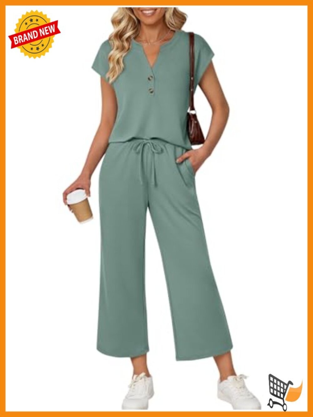 Womens 2 Piece Lounge Set Henley Top Wide Leg Pants